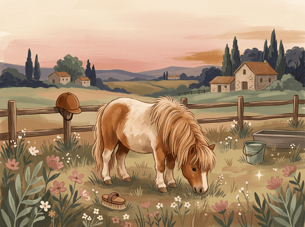 Illustration peinte d'un petit poney dans un pré au crépuscule, suggestion d'un souvenir d'enfance